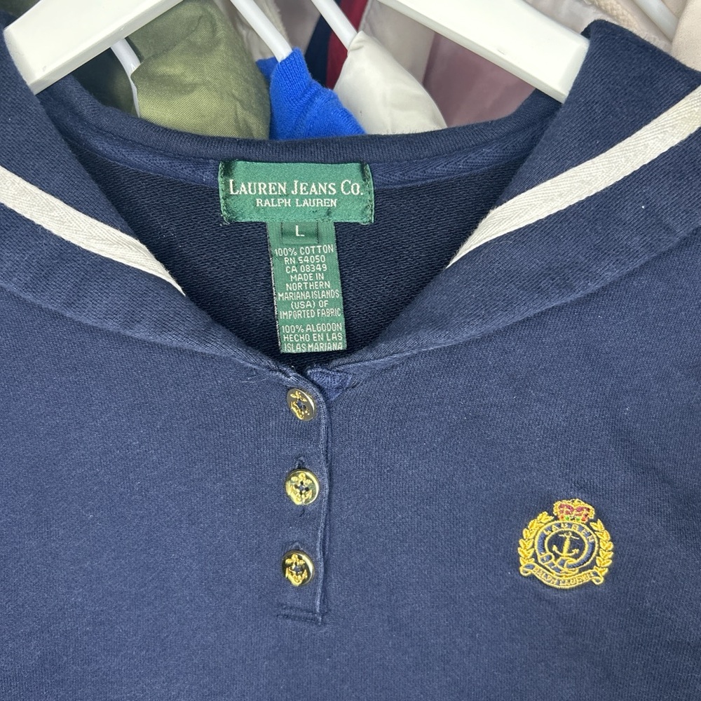 Vintage 90s Ralph Lauren Navy Sailor 1/4 Button Sweatshirt Large Rare - Picture 2 of 6